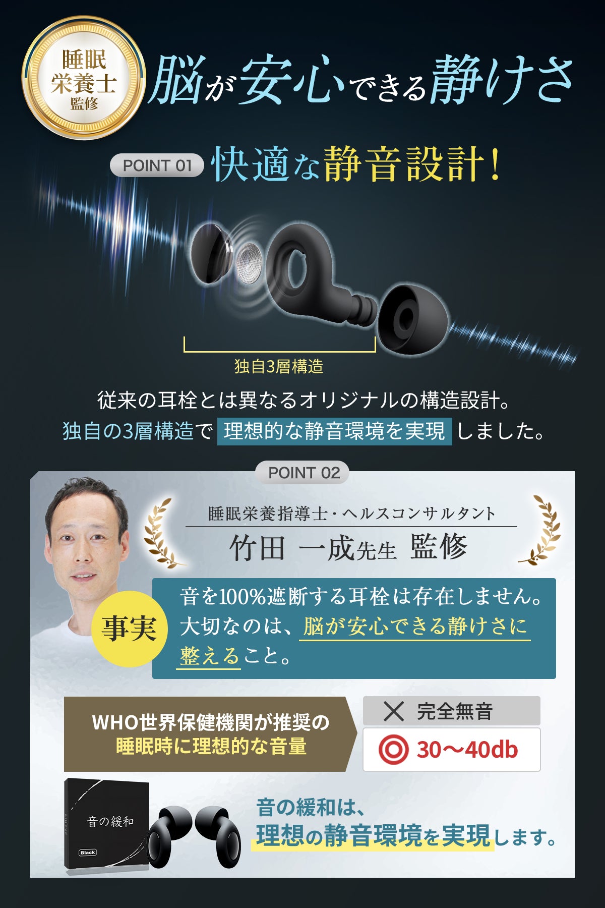 独自3層構造による静音設計 WHO推奨の睡眠時音量30〜40db