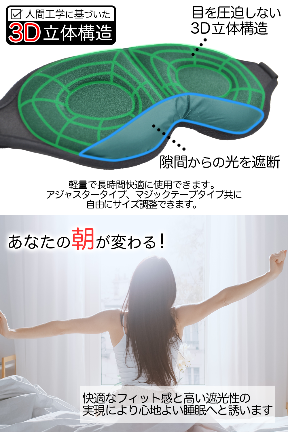 【2個パック】光の遮断アイマスク 遮光率99.99% 3D立体