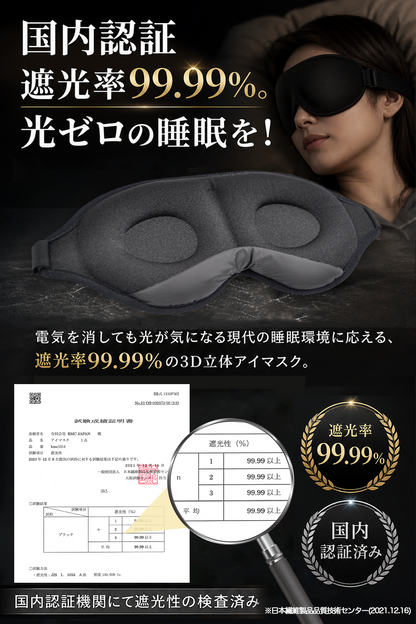 遮光率99.99% 国内認証済みの3D立体アイマスク