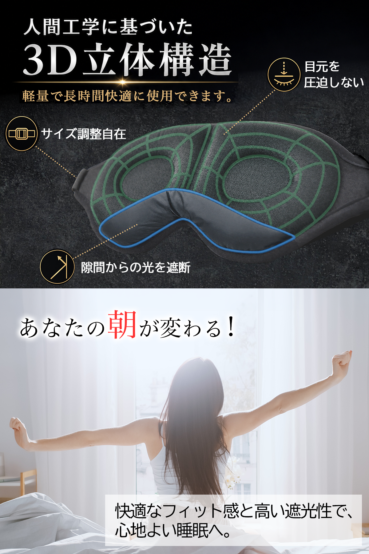 人間工学に基づく3D立体構造のアイマスク